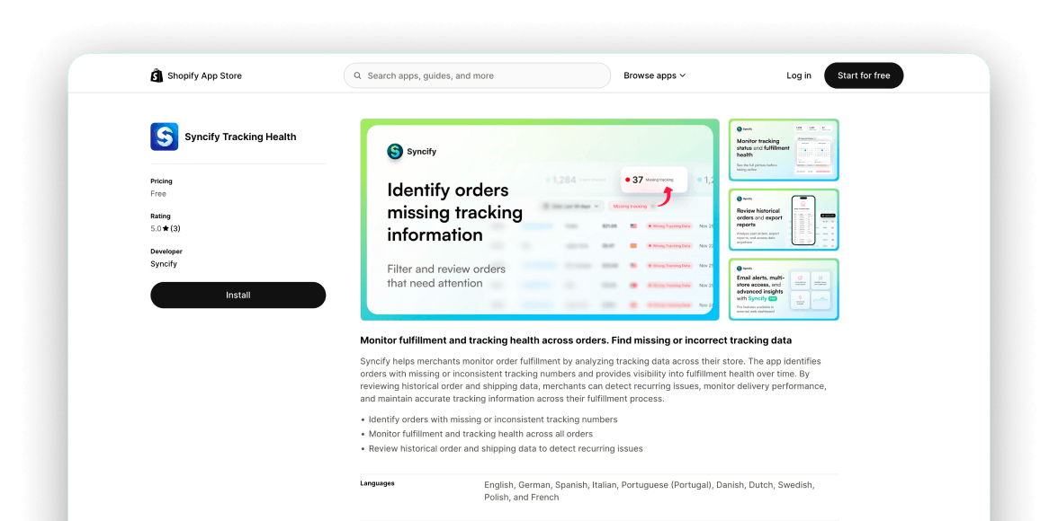 Syncify dashboard preview showing installation and onboarding context.